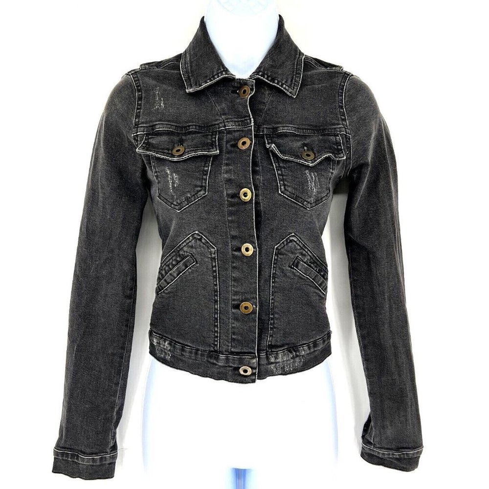 Brandy Melville Women's‎ Black Charcoal Denim Jean Jacket S Button Up Collared
